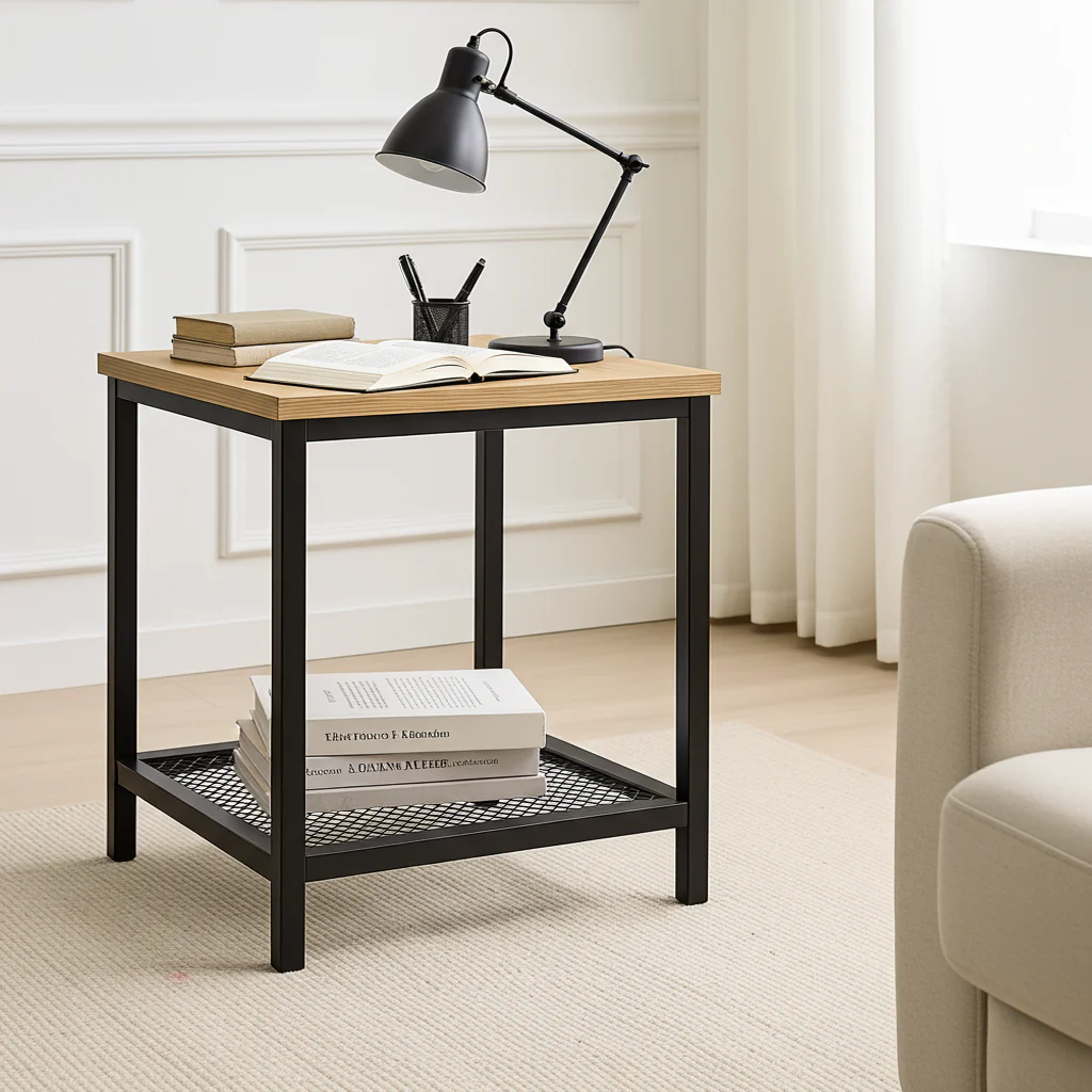 Loft Rustic Oak Industrial Wood & Steel Side Table with Storage Shelf - Image 7