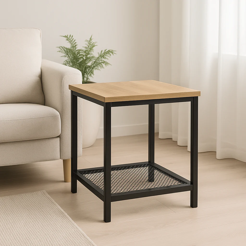 Loft Rustic Oak Industrial Wood & Steel Side Table with Storage Shelf - Image 9