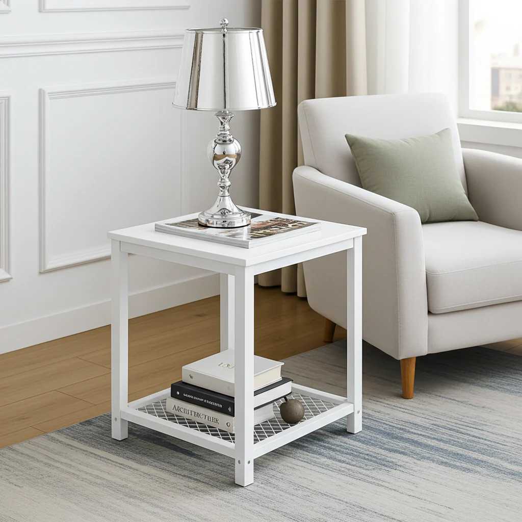 Loft White Industrial Wood & Steel Side Table with Storage Shelf - Image 10