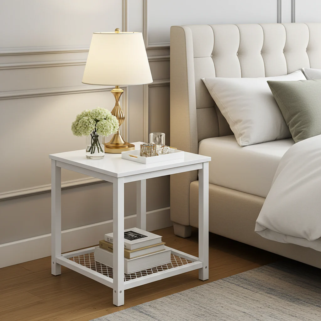 Loft White Industrial Wood & Steel Side Table with Storage Shelf - Image 13