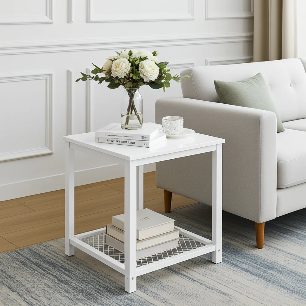 Loft White Industrial Wood & Steel Side Table with Storage Shelf - Image 14