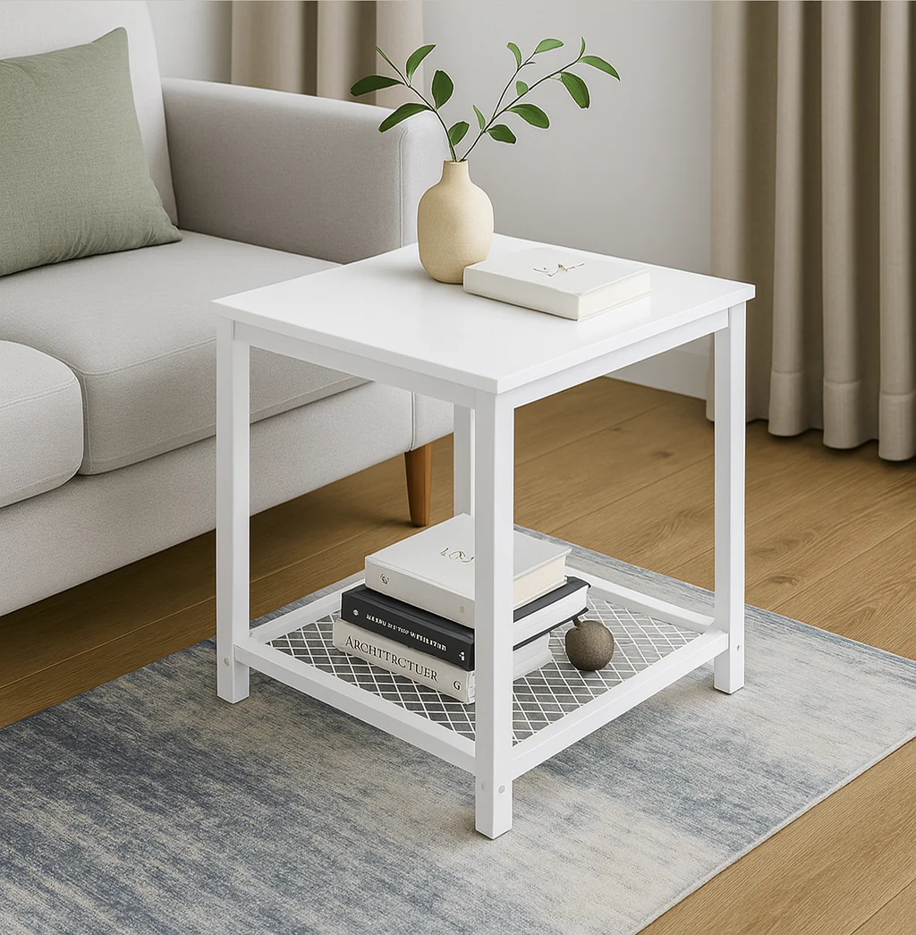 Loft White Industrial Wood & Steel Side Table with Storage Shelf - Image 3