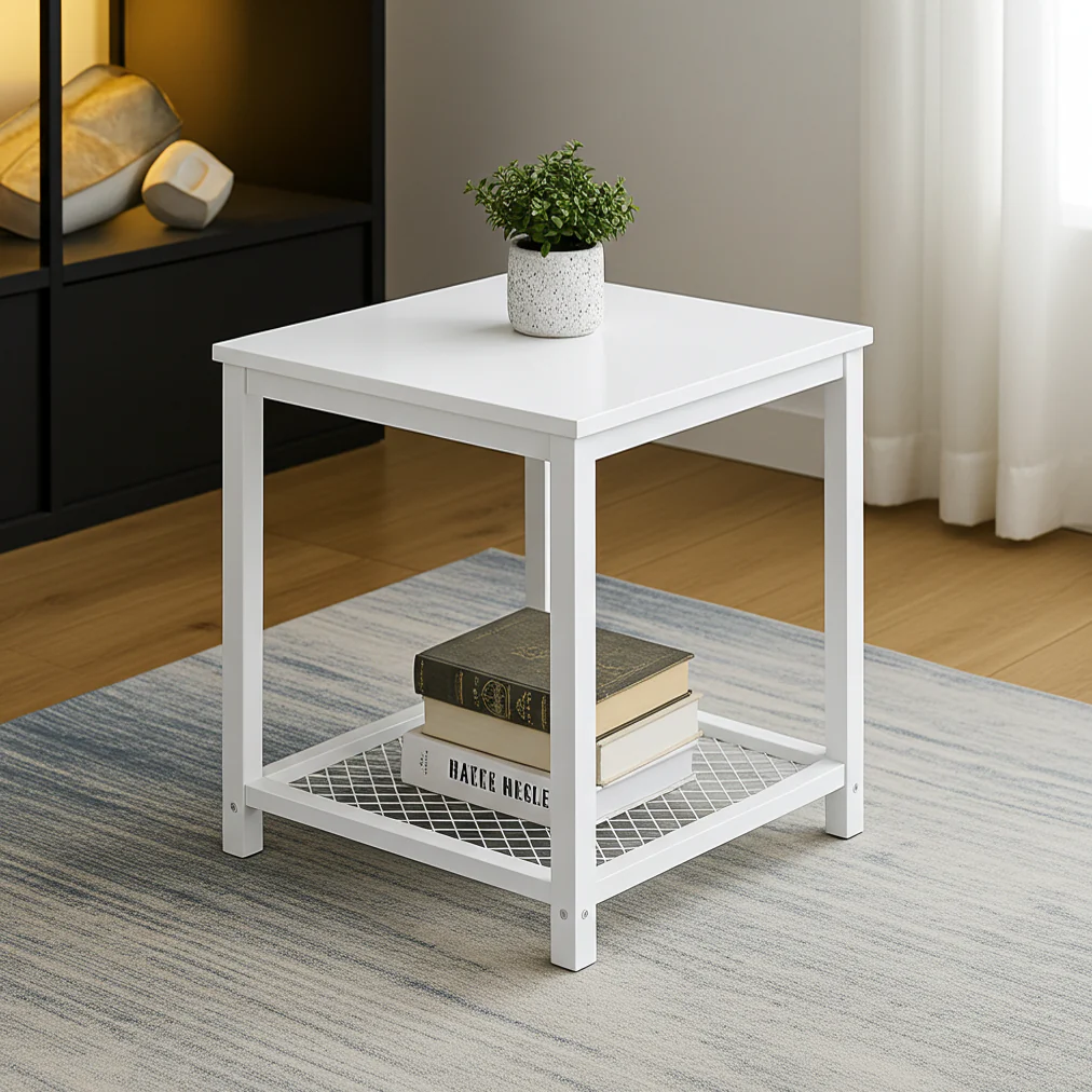 Loft White Industrial Wood & Steel Side Table with Storage Shelf - Image 4