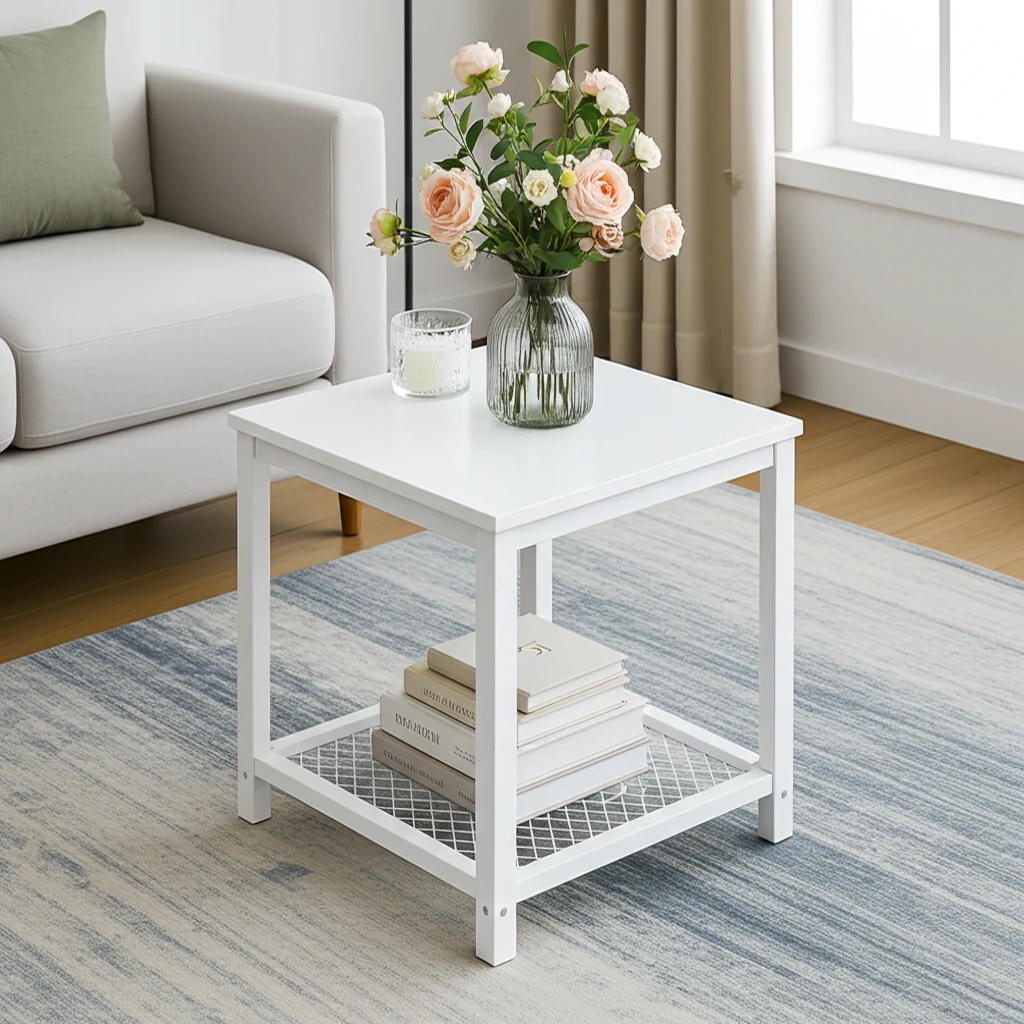 Loft White Industrial Wood & Steel Side Table with Storage Shelf - Image 5