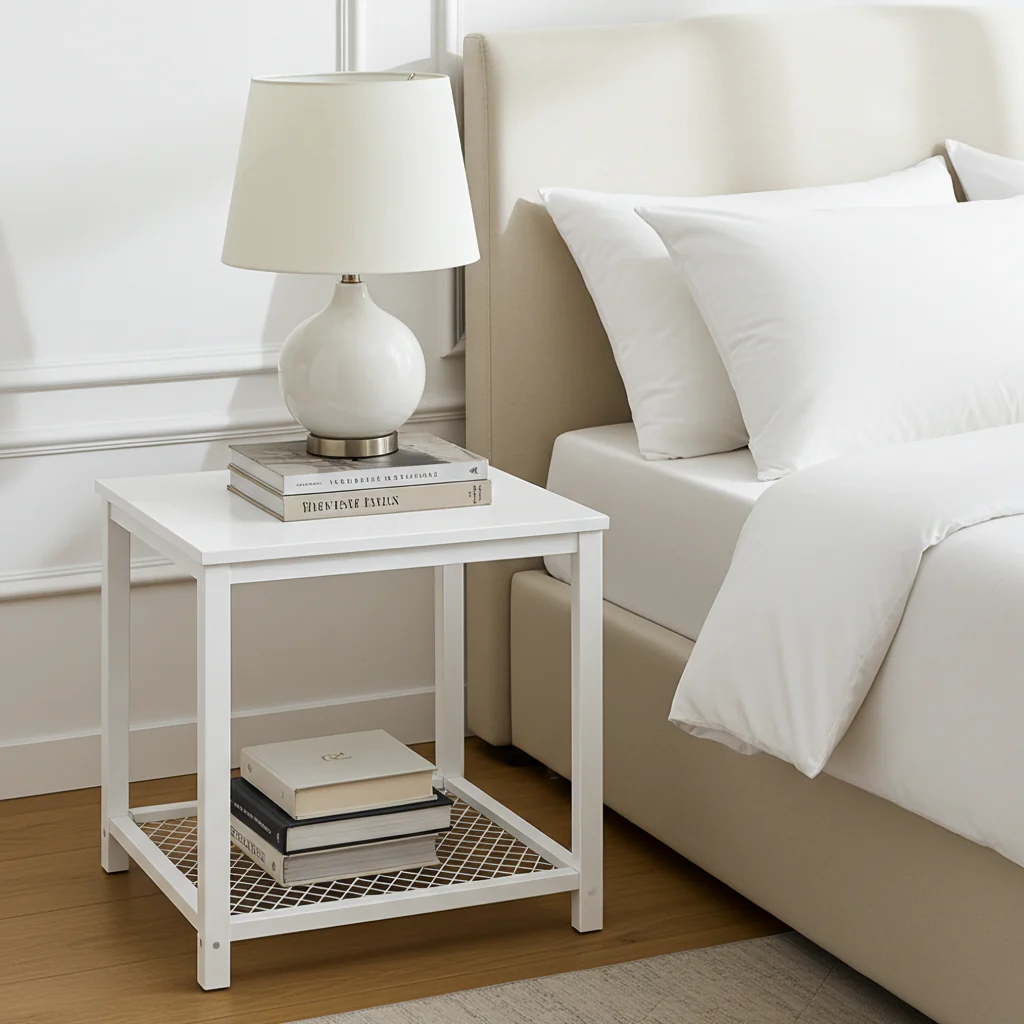 Loft White Industrial Wood & Steel Side Table with Storage Shelf - Image 9