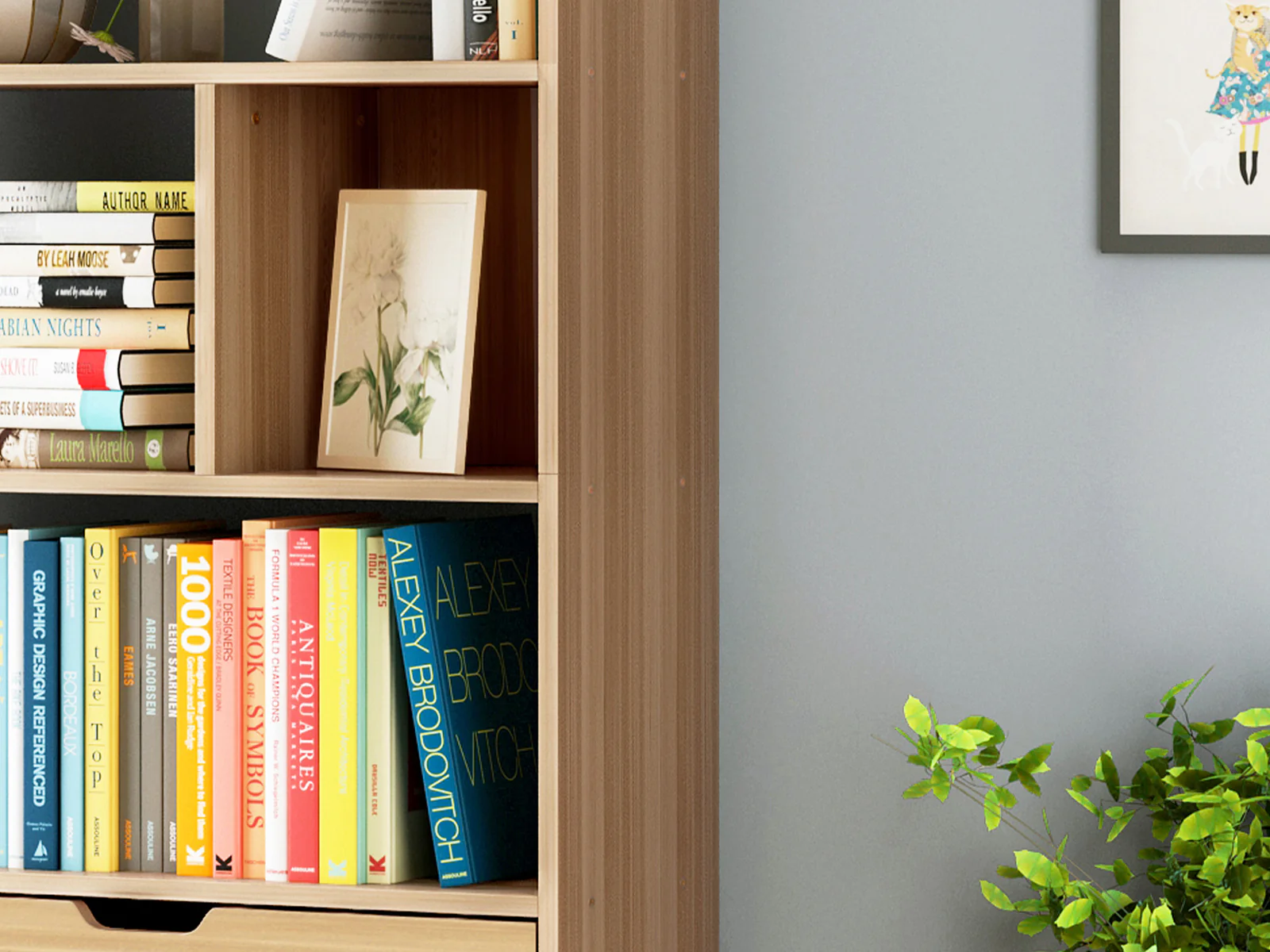 Luna 1.8m Tall Shelf Cupboard Bookshelf Wardrobe with Drawers (Oak) - Image 6