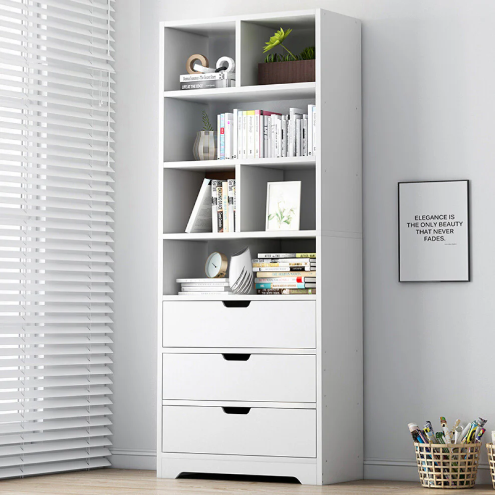 Luna 1.8m Tall Shelf Cupboard Bookshelf Wardrobe with Drawers (White) - Image 2