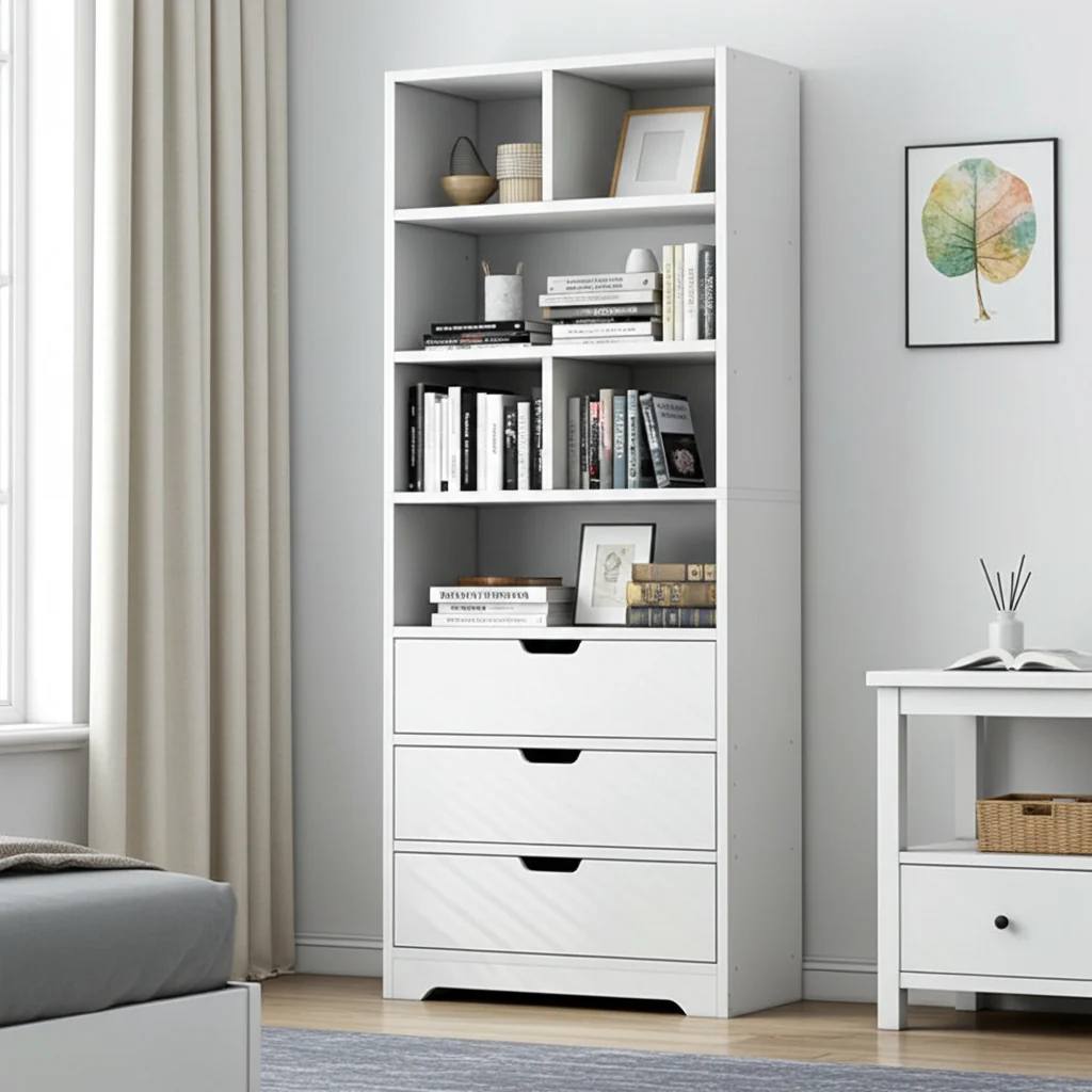 Luna 1.8m Tall Shelf Cupboard Bookshelf Wardrobe with Drawers (White) - Image 6