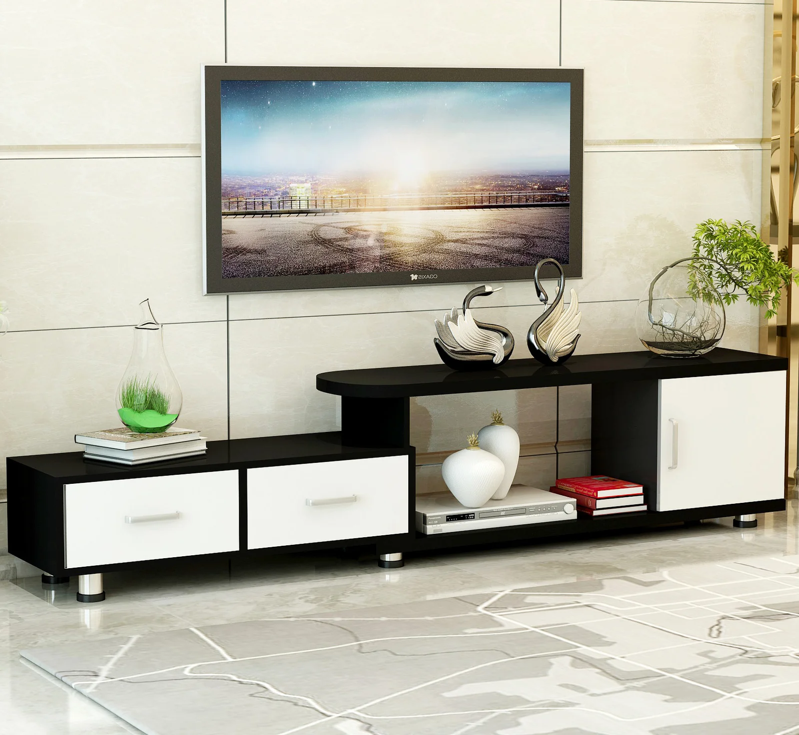 Luxe Adjustable Extendable TV Cabinet (Black & White) - Image 4