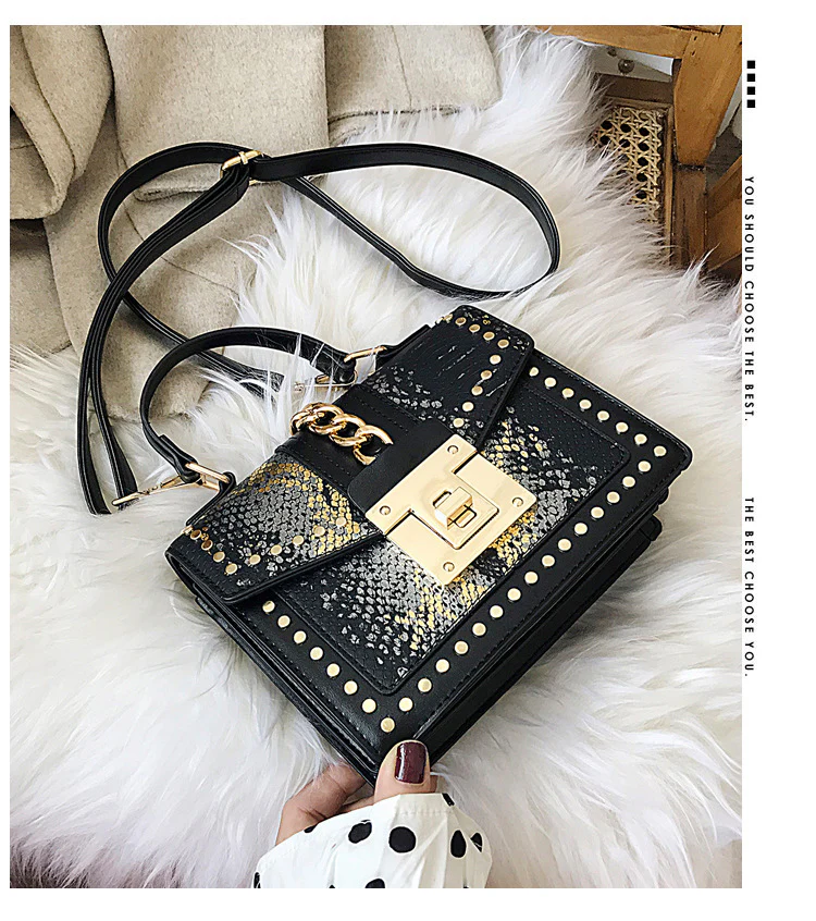 Luxe Designer Handbag Metal Studs Tote Satchel Bag Black & Gold - Image 11