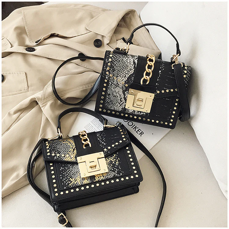Luxe Designer Handbag Metal Studs Tote Satchel Bag Black & Gold - Image 12
