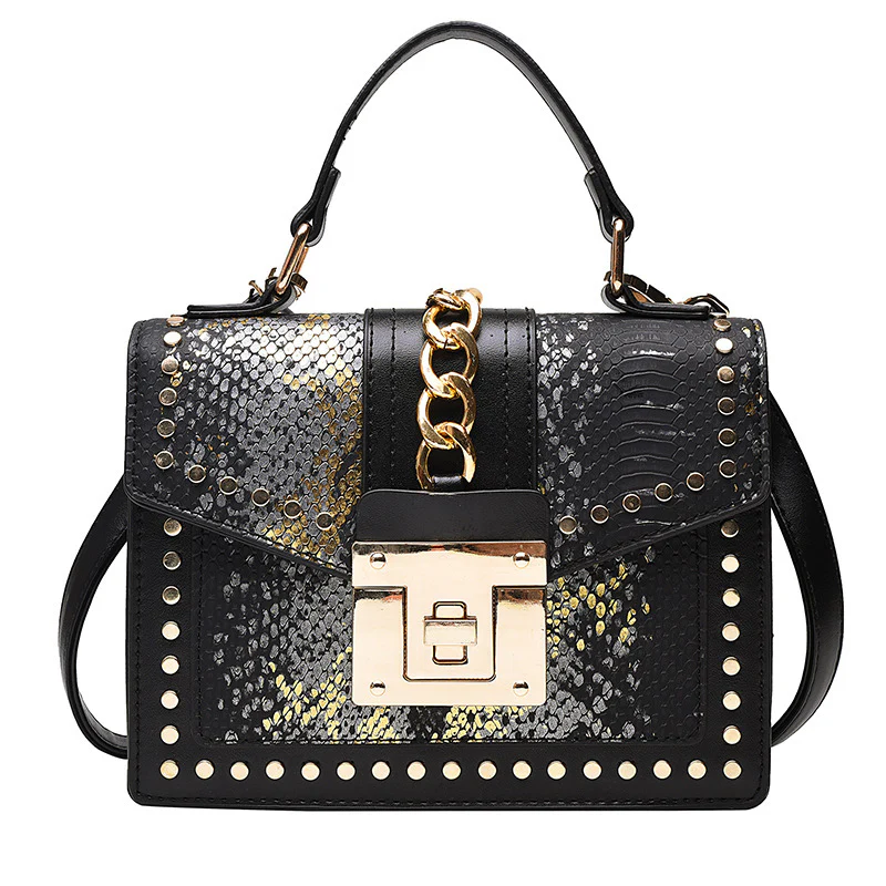 Luxe Designer Handbag Metal Studs Tote Satchel Bag Black & Gold - Image 15
