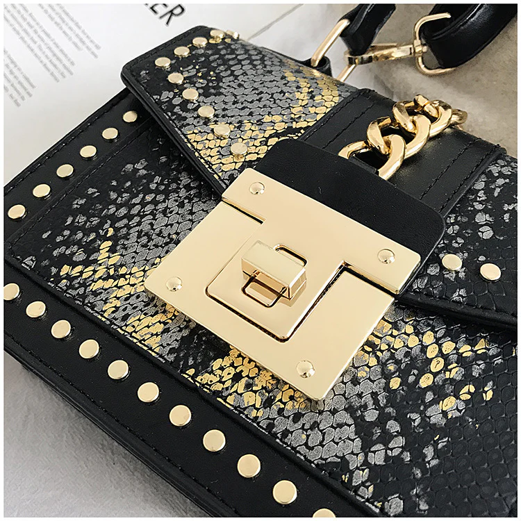 Luxe Designer Handbag Metal Studs Tote Satchel Bag Black & Gold - Image 2
