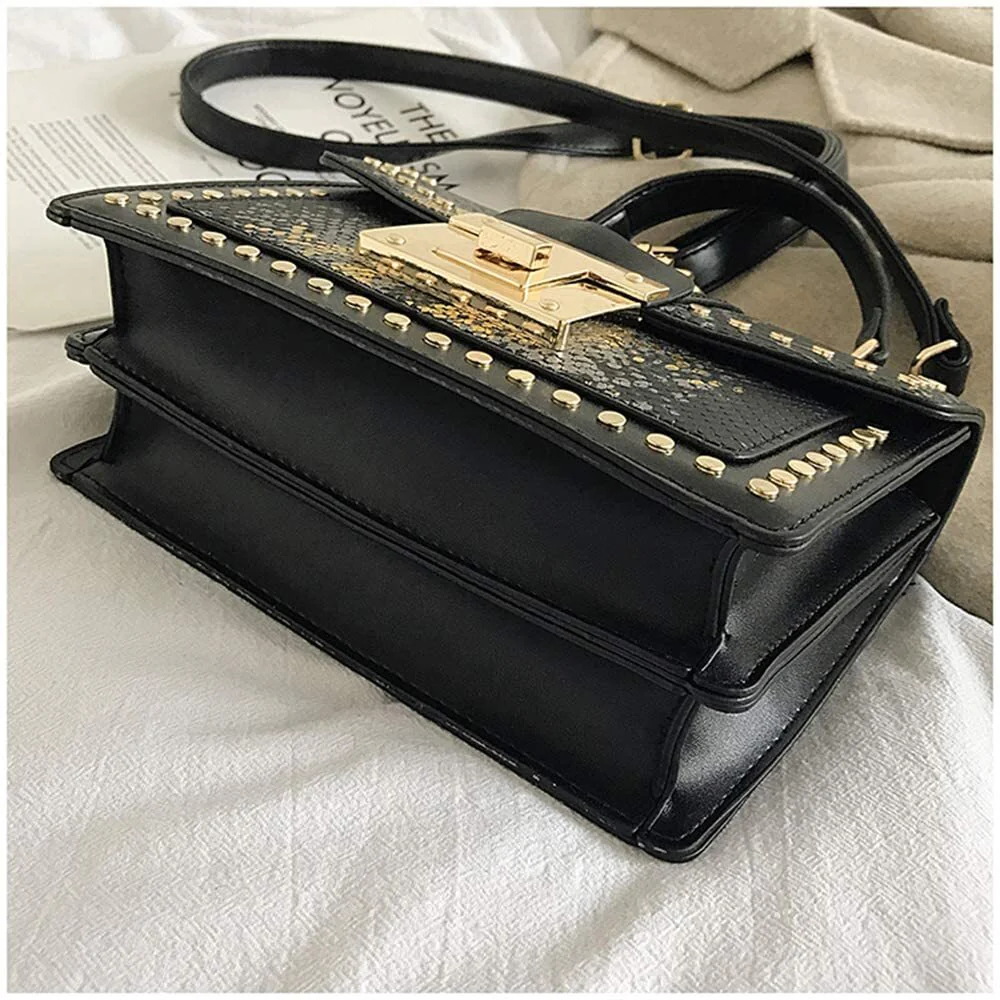 Luxe Designer Handbag Metal Studs Tote Satchel Bag Black & Gold - Image 6