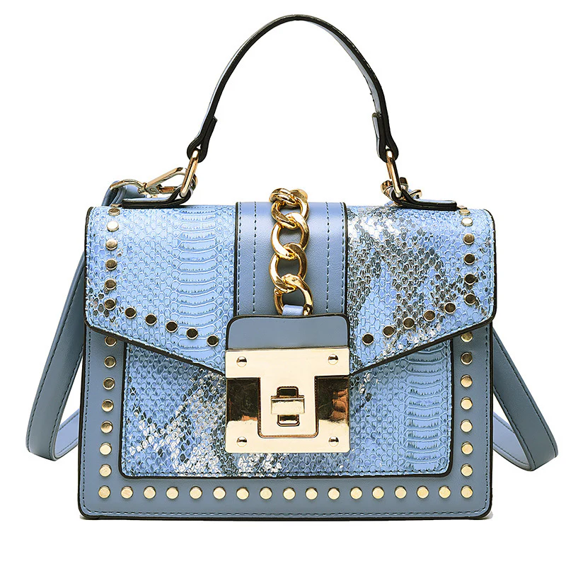 Luxe Designer Handbag Metal Studs Tote Satchel Bag Blue - Image 15