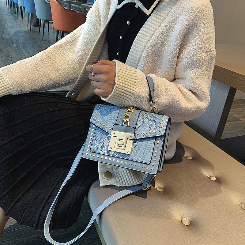 Luxe Designer Handbag Metal Studs Tote Satchel Bag Blue - Image 4