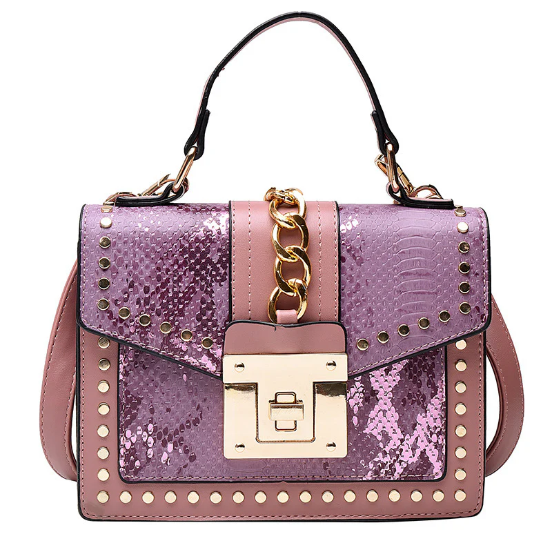 Luxe Designer Handbag Metal Studs Tote Satchel Bag Purple - Image 13