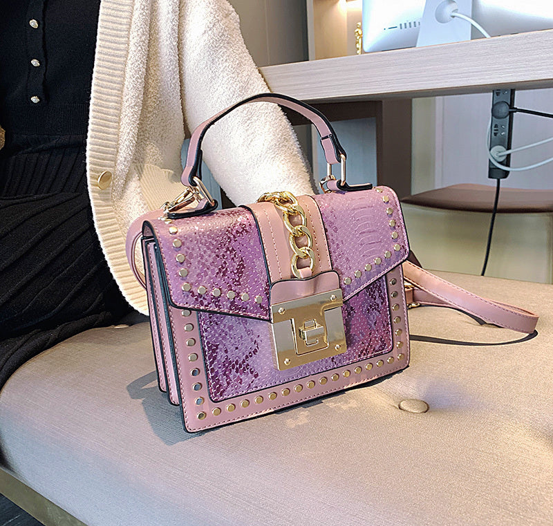 Luxe Designer Handbag Metal Studs Tote Satchel Bag Purple - Image 2