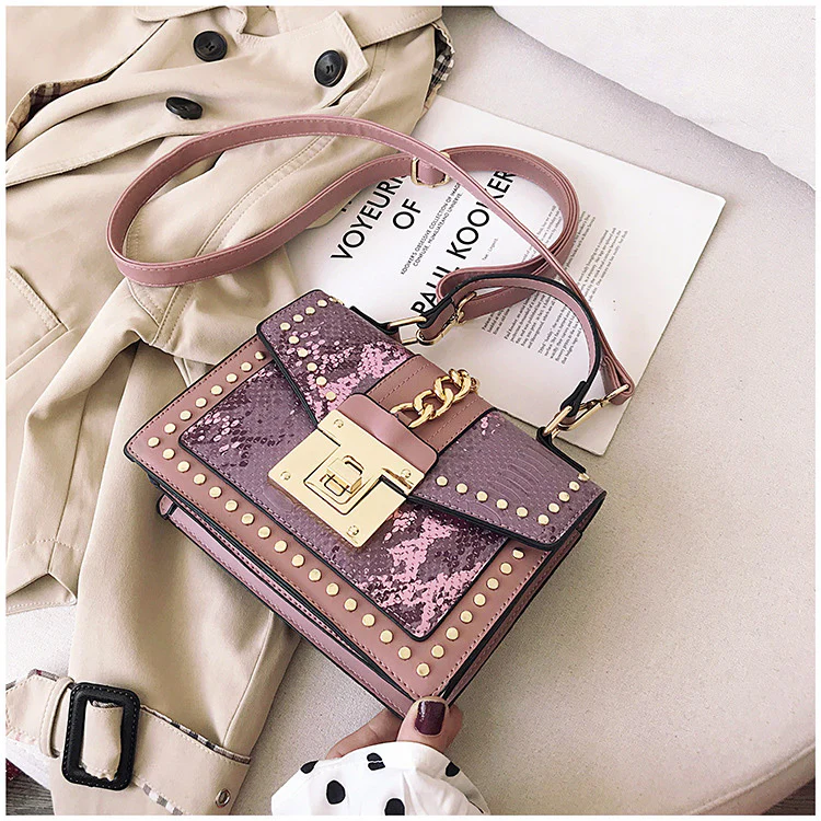 Luxe Designer Handbag Metal Studs Tote Satchel Bag Purple - Image 3