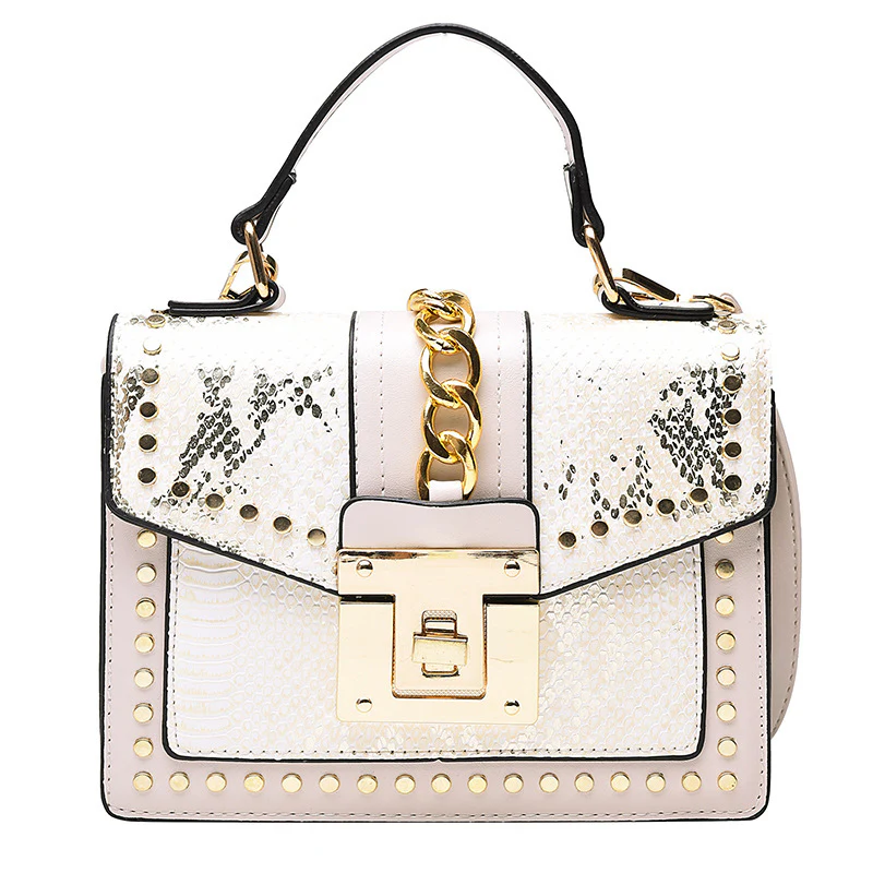 Luxe Designer Handbag Metal Studs Tote Satchel Bag White - Image 12