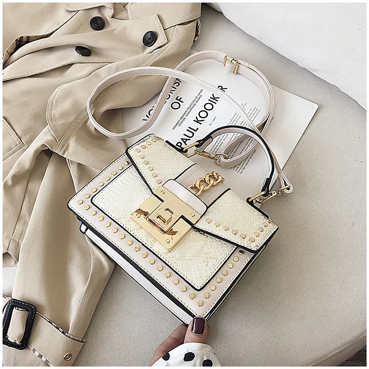 Luxe Designer Handbag Metal Studs Tote Satchel Bag White - Image 2