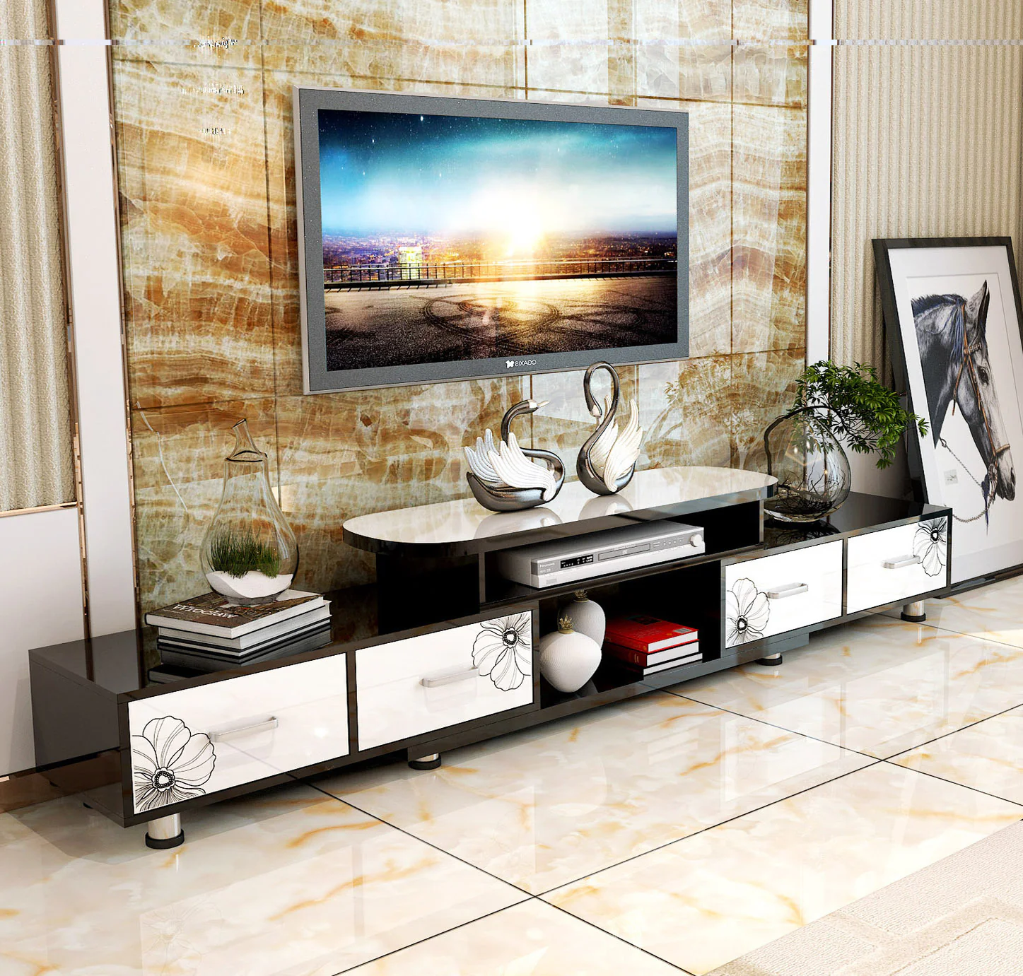 Luxe Large 4-Drawer Extendable TV Cabinet (High Gloss White & Black) - Image 14