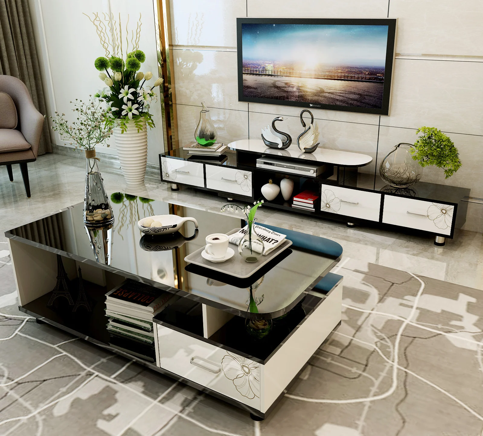 Luxe Large 4-Drawer Extendable TV Cabinet (High Gloss White & Black) - Image 3