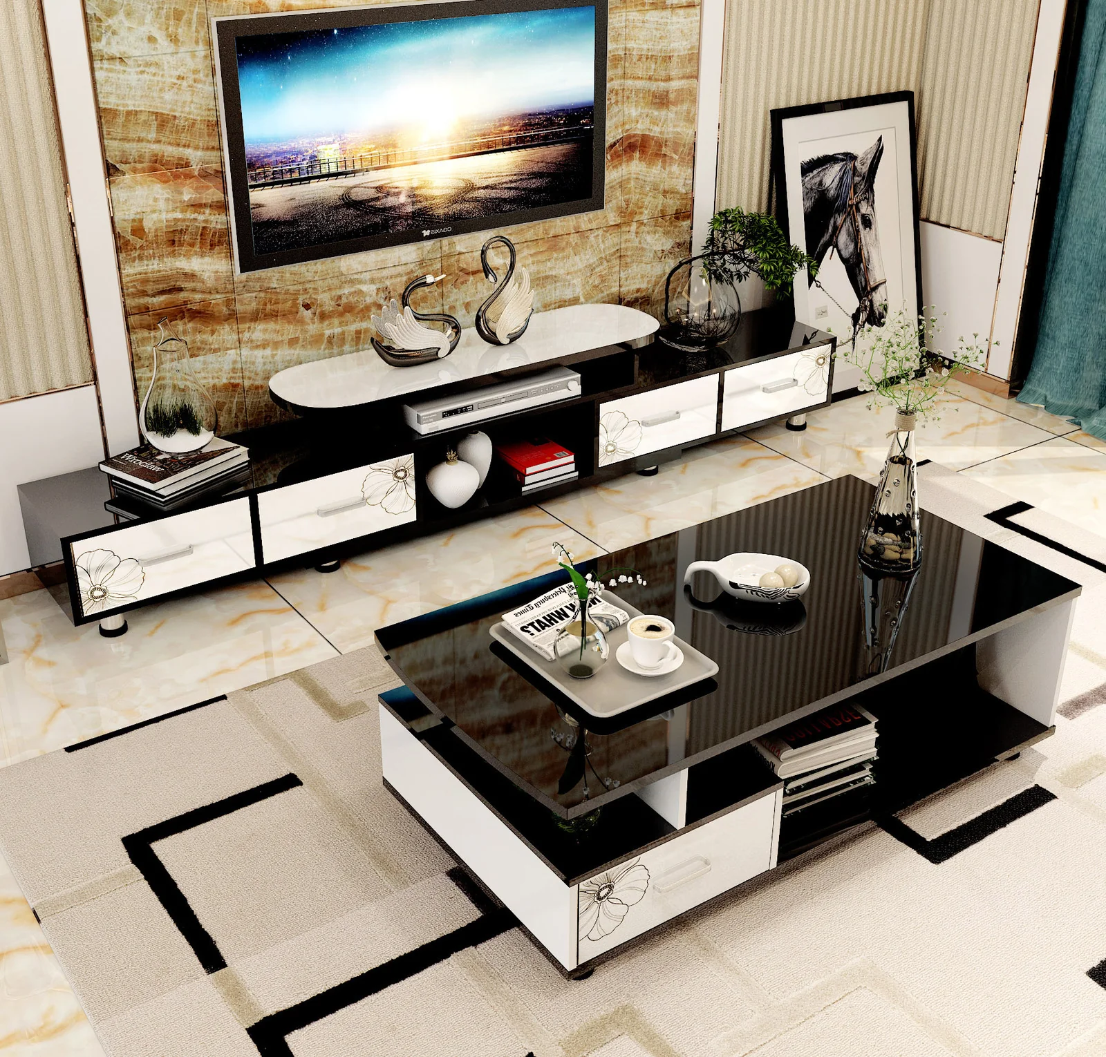 Luxe Large 4-Drawer Extendable TV Cabinet (High Gloss White & Black) - Image 4