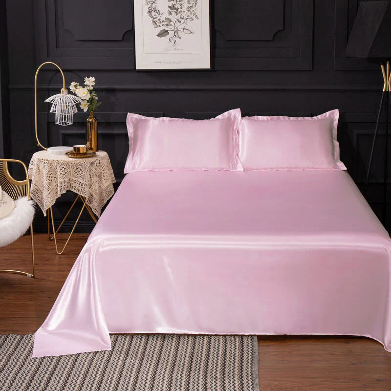 Luxury 4-Piece Silky Satin Flat Fitted Sheets Pillowcase Bed Set (Pink, King) - Image 13