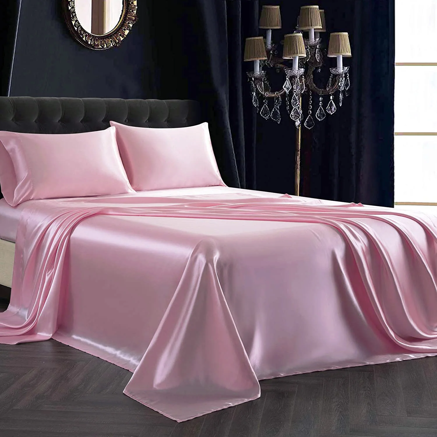 Luxury 4-Piece Silky Satin Flat Fitted Sheets Pillowcase Bed Set (Pink, King) - Image 16