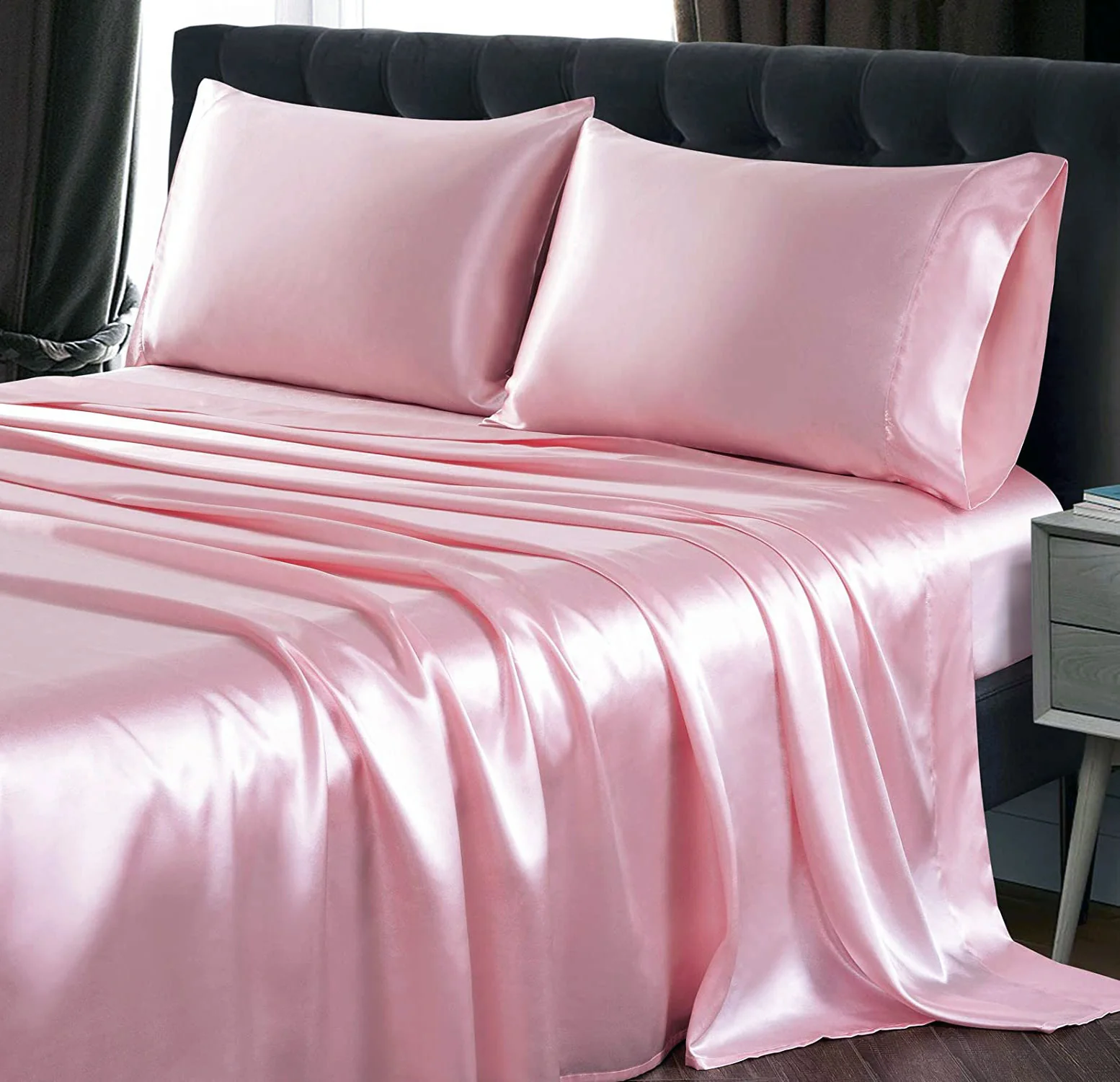 Luxury 4-Piece Silky Satin Flat Fitted Sheets Pillowcase Bed Set (Pink, King) - Image 2