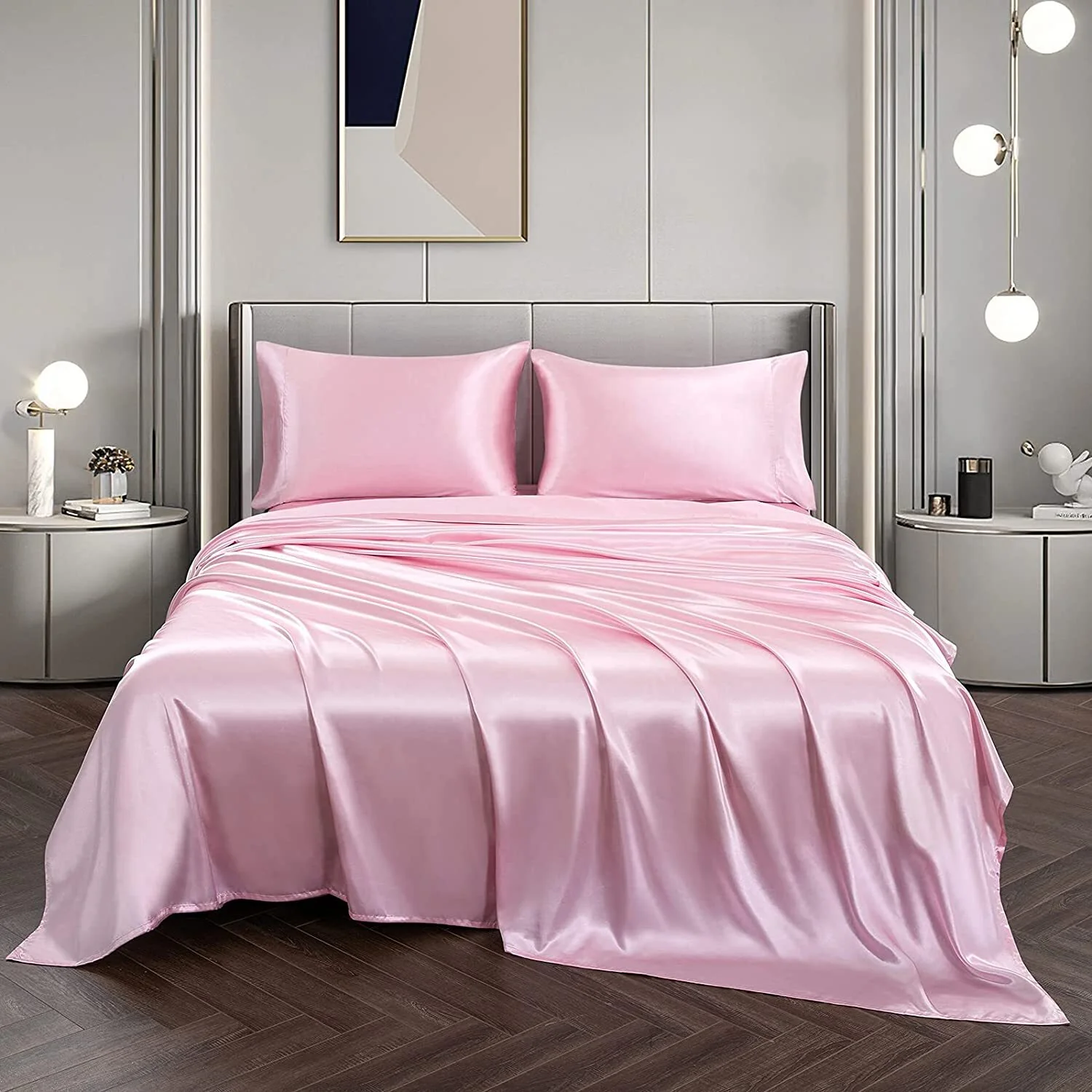 Luxury 4-Piece Silky Satin Flat Fitted Sheets Pillowcase Bed Set (Pink, King) - Image 4