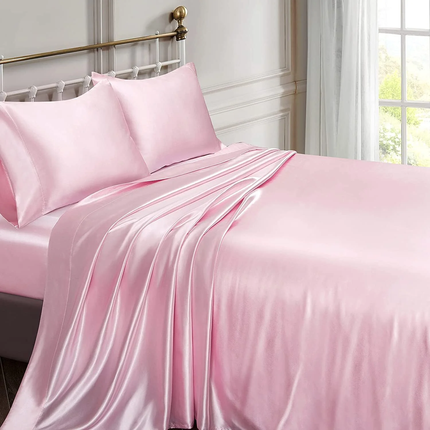 Luxury 4-Piece Silky Satin Flat Fitted Sheets Pillowcase Bed Set (Pink, King) - Image 5