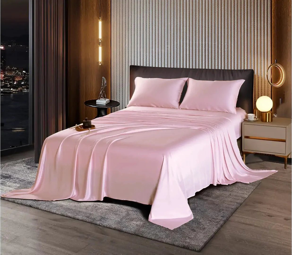 Luxury 4-Piece Silky Satin Flat Fitted Sheets Pillowcase Bed Set (Pink, King) - Image 7