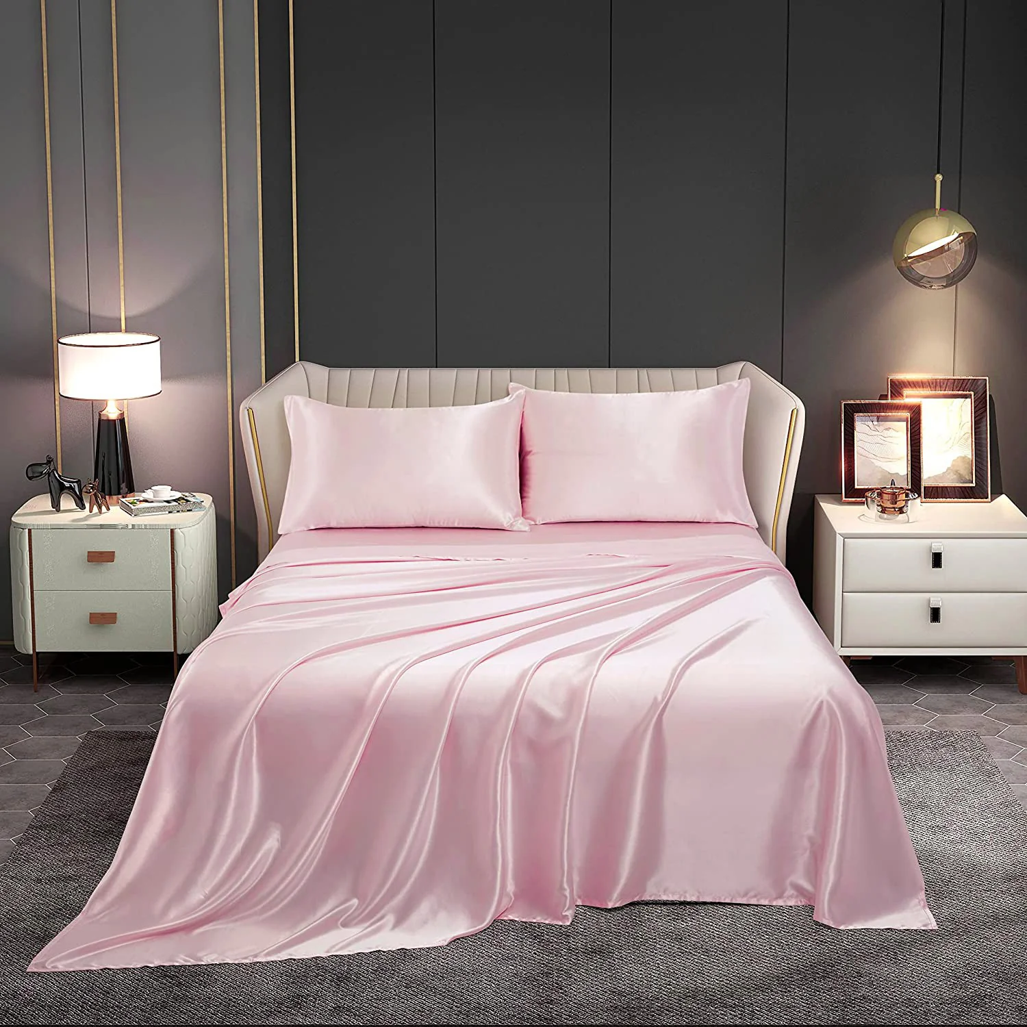 Luxury 4-Piece Silky Satin Flat Fitted Sheets Pillowcase Bed Set (Pink, King) - Image 9