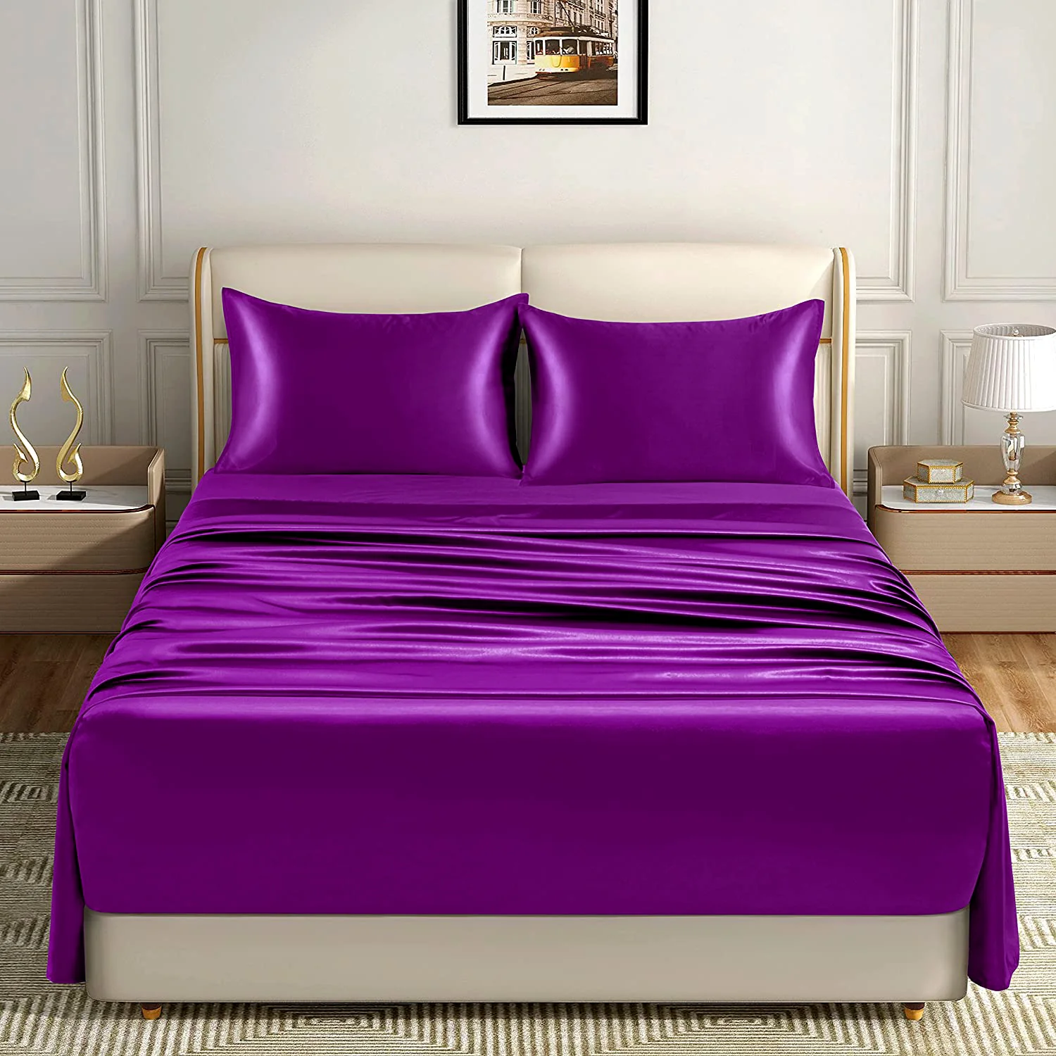 Luxury 4-Piece Silky Satin Flat Fitted Sheets Pillowcase Bed Set (Purple, King) - Image 2