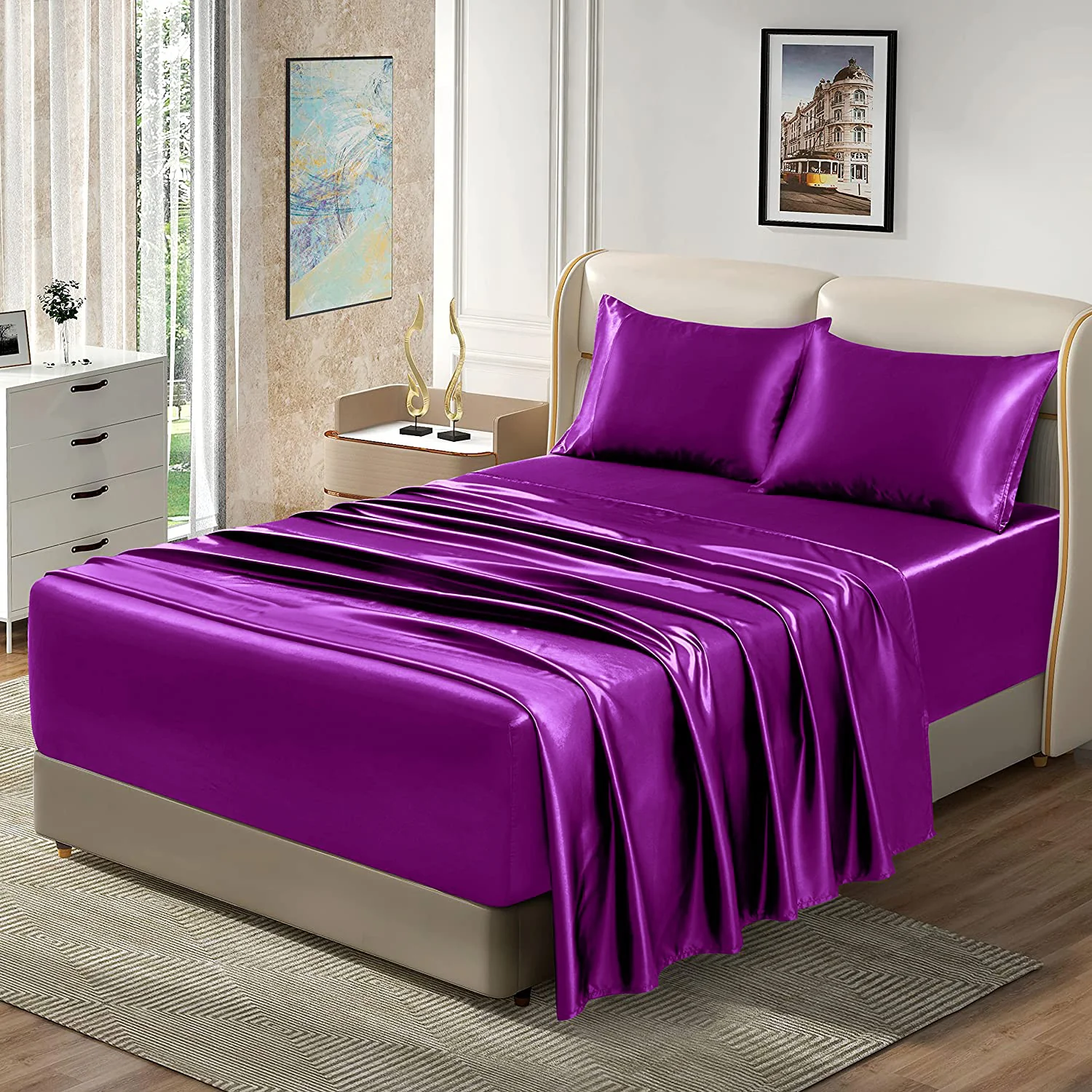 Luxury 4-Piece Silky Satin Flat Fitted Sheets Pillowcase Bed Set (Purple, King) - Image 4