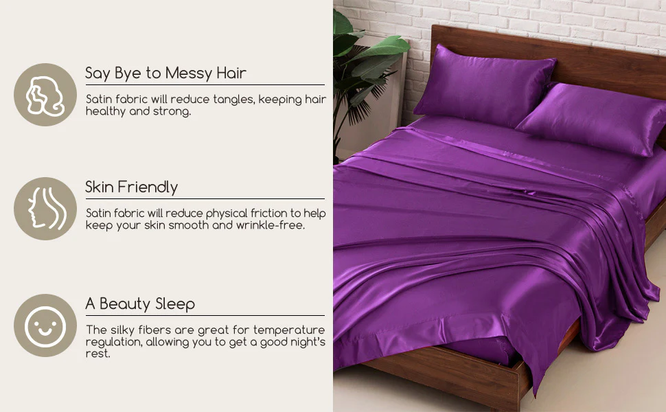 Luxury 4-Piece Silky Satin Flat Fitted Sheets Pillowcase Bed Set (Purple, Queen) - Image 11