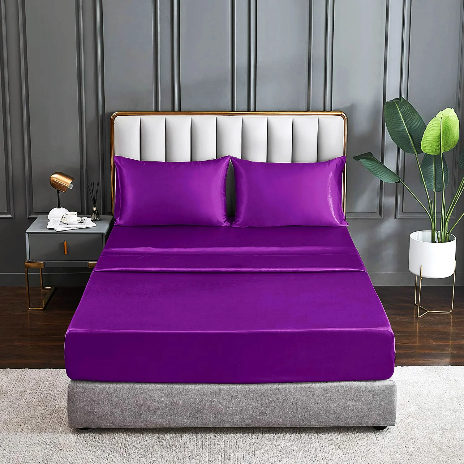 Luxury 4-Piece Silky Satin Flat Fitted Sheets Pillowcase Bed Set (Purple, Queen) - Image 12