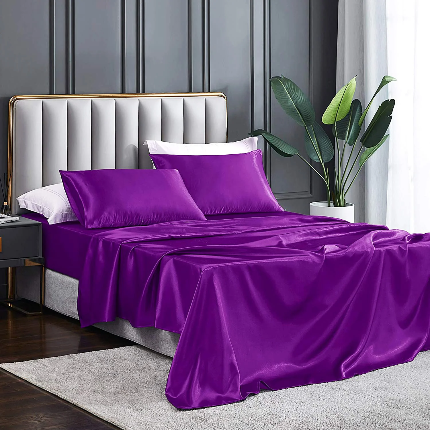 Luxury 4-Piece Silky Satin Flat Fitted Sheets Pillowcase Bed Set (Purple, Queen) - Image 13