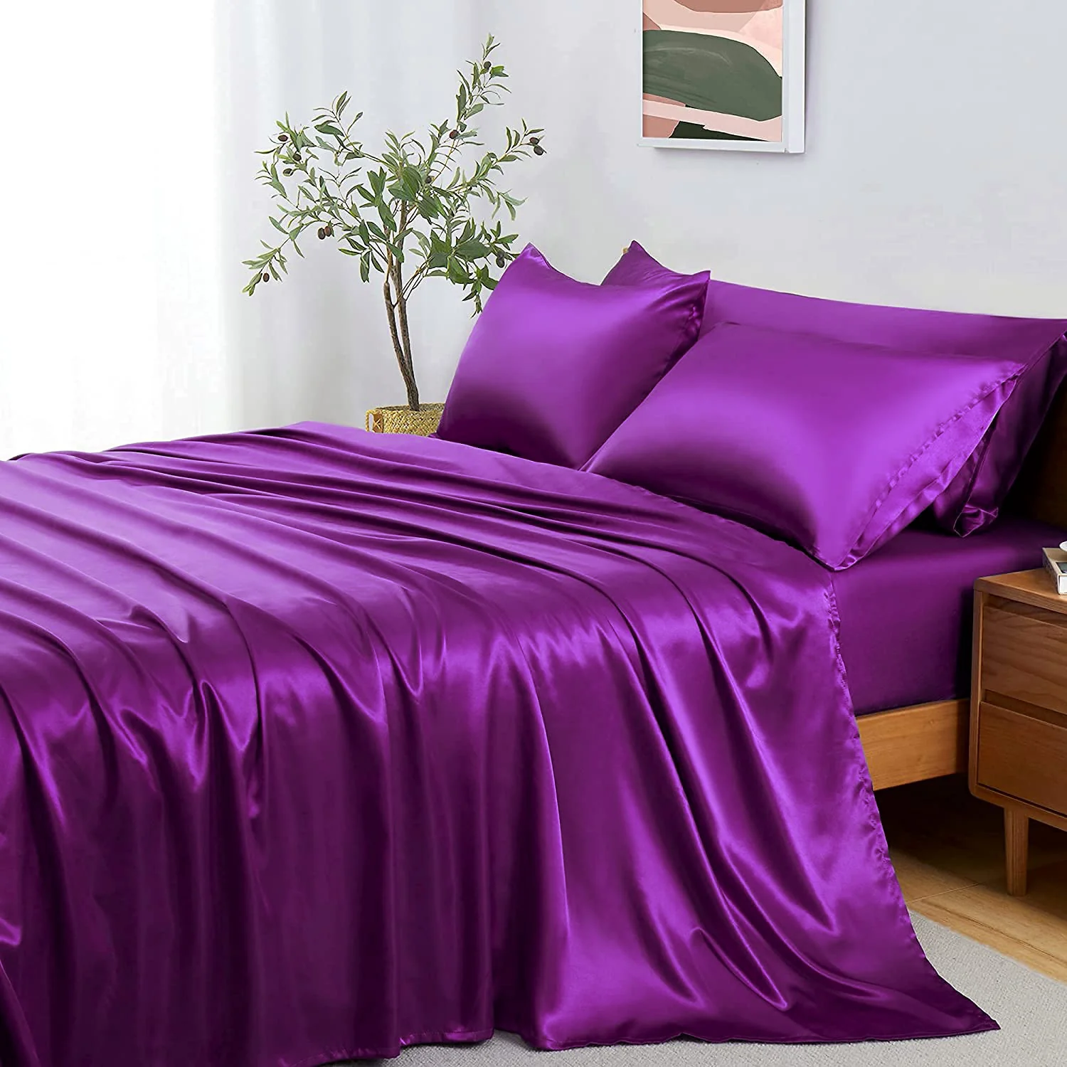 Luxury 4-Piece Silky Satin Flat Fitted Sheets Pillowcase Bed Set (Purple, Queen) - Image 4