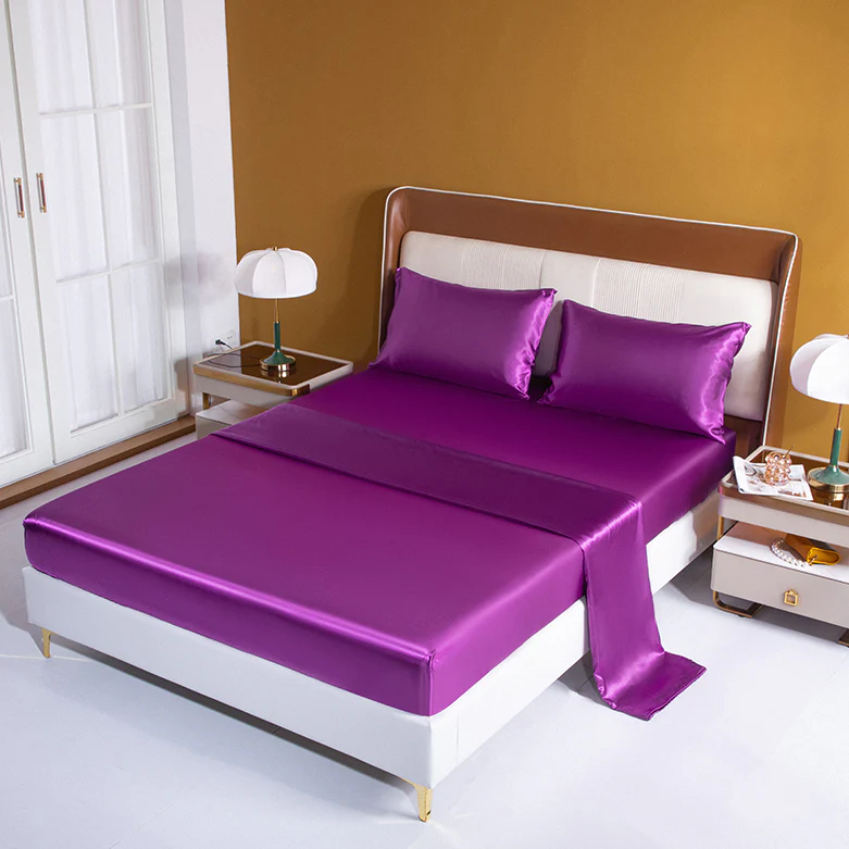 Luxury 4-Piece Silky Satin Flat Fitted Sheets Pillowcase Bed Set (Purple, Queen) - Image 5