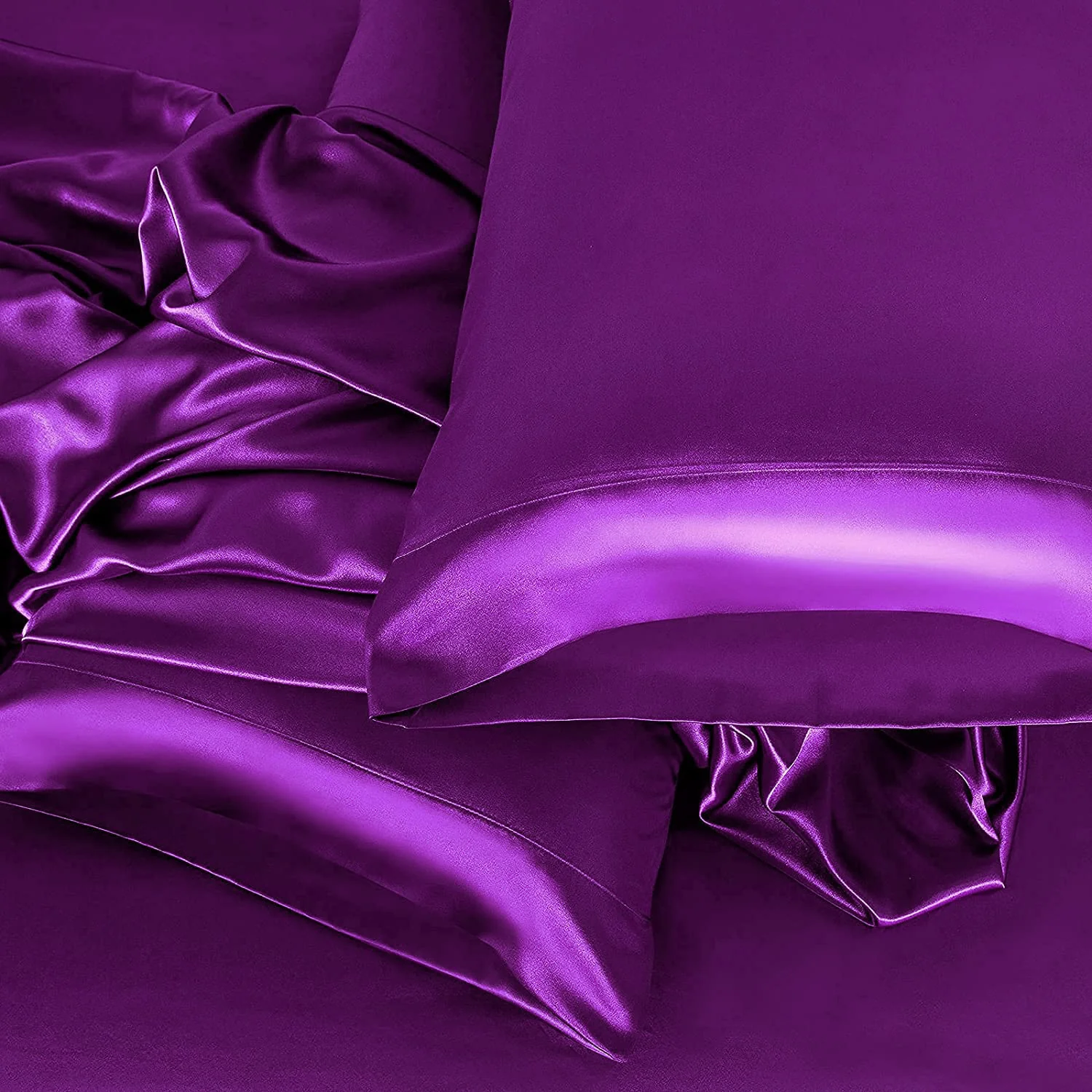 Luxury 4-Piece Silky Satin Flat Fitted Sheets Pillowcase Bed Set (Purple, Queen) - Image 9