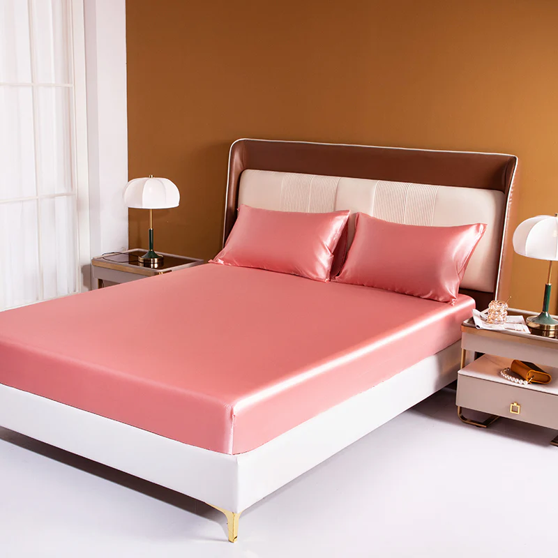 Luxury 4-Piece Silky Satin Flat Fitted Sheets Pillowcase Bed Set (Rose Gold, Double) - Image 16