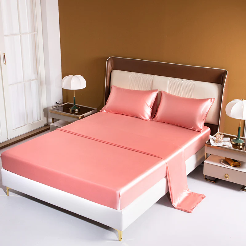 Luxury 4-Piece Silky Satin Flat Fitted Sheets Pillowcase Bed Set (Rose Gold, Double) - Image 2
