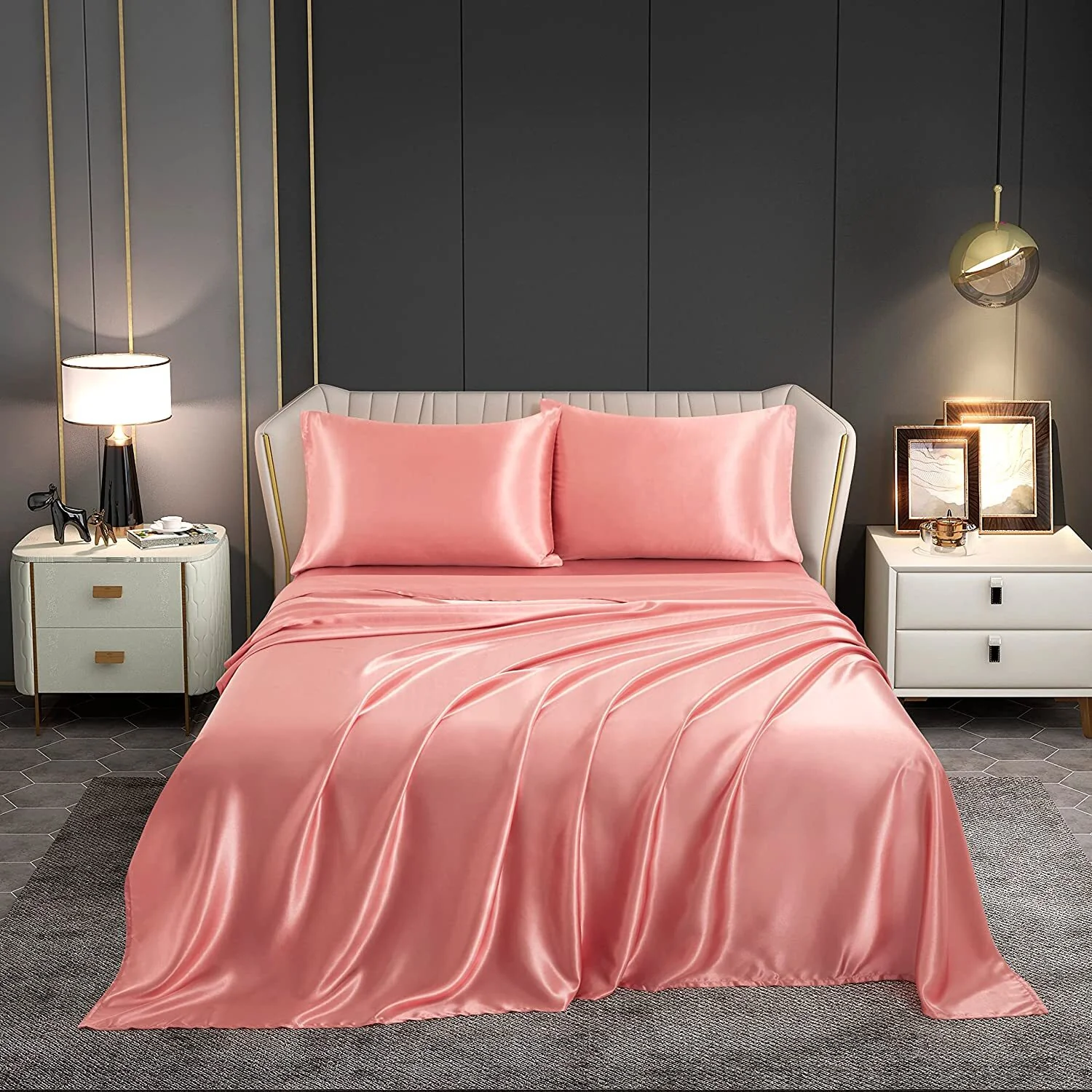 Luxury 4-Piece Silky Satin Flat Fitted Sheets Pillowcase Bed Set (Rose Gold, Double) - Image 20