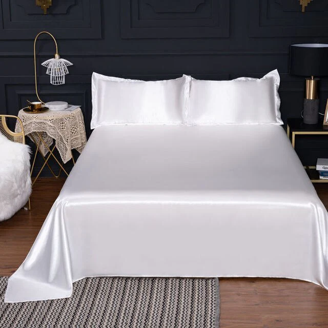 Luxury 4-Piece Silky Satin Flat Fitted Sheets Pillowcase Bed Set (White, Queen) - Image 11