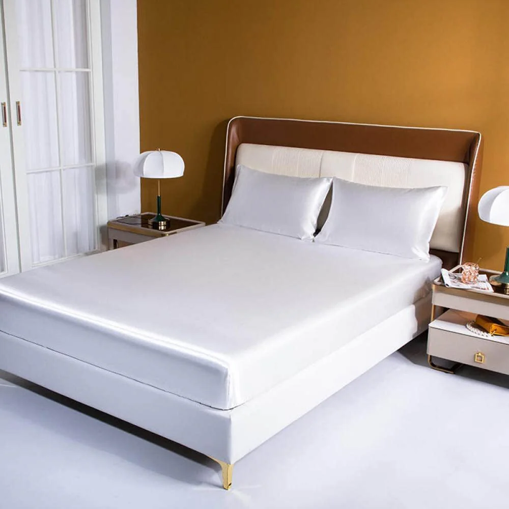 Luxury 4-Piece Silky Satin Flat Fitted Sheets Pillowcase Bed Set (White, Queen) - Image 12
