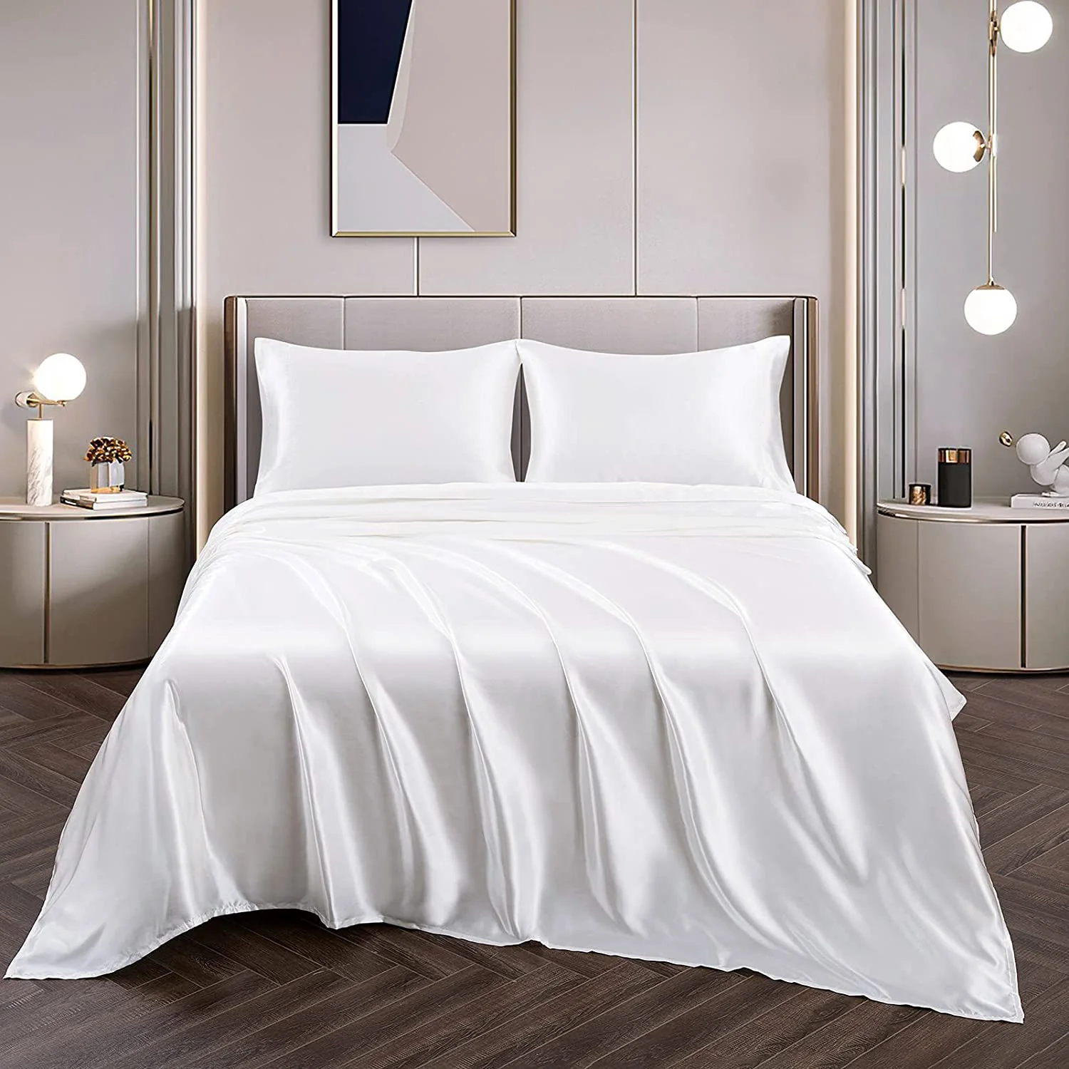 Luxury 4-Piece Silky Satin Flat Fitted Sheets Pillowcase Bed Set (White, Queen) - Image 15