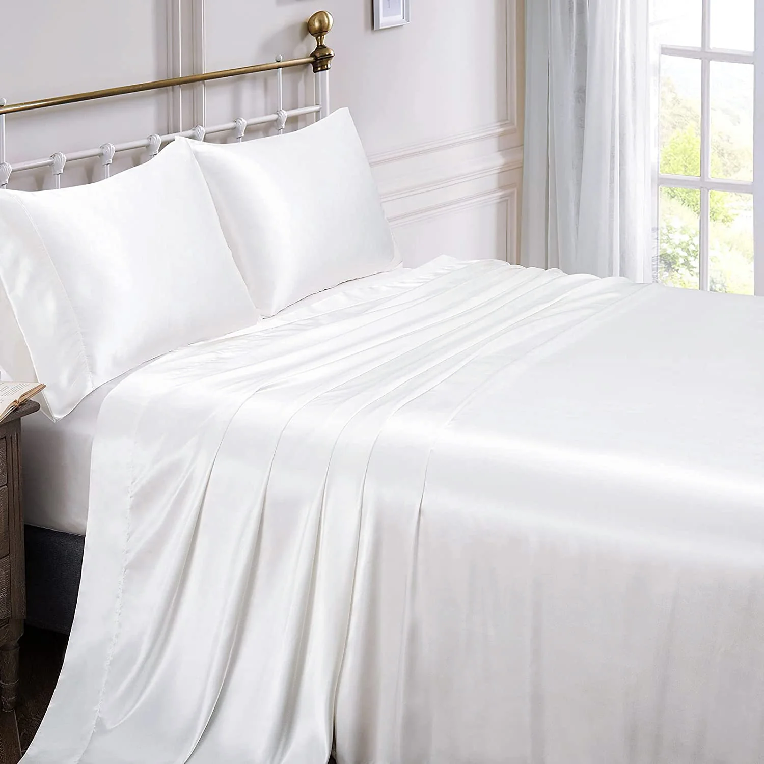 Luxury 4-Piece Silky Satin Flat Fitted Sheets Pillowcase Bed Set (White, Queen) - Image 2